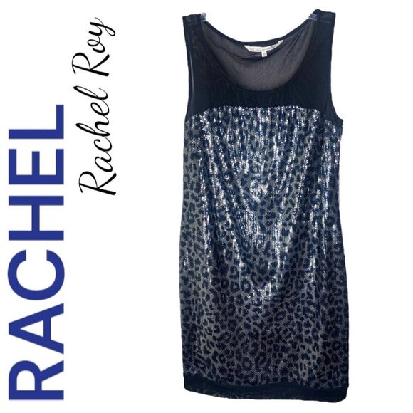 RACHEL RACHEL ROY Metallic Sequin Leopard Print Mini Cocktail Party Dress, Large - Picture 1 of 10
